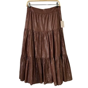 LC Lauren Conrad Midi Tiered Skirt Women M Brown Metallic Pinstripe Boho NWT - Picture 1 of 11
