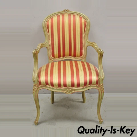 Vtg French Louis XV Style Green & Pink Painted Arm Chair Fauteuil Striped Fabric Cover