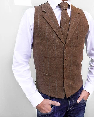 MEN'S WOOL  BLEND BROWN TAILORED FIT HERRINGBONE CHECK TWEED WAISTCOAT VEST - Image 1 of 4