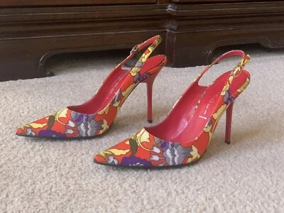 New Casadei Red Floral Slingback Leather Heels Shoes Italy Sz 6 1/2 $545 - Image 1 of 4