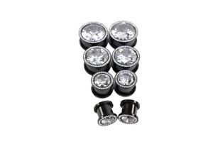 Pair Black PVD Super Bling Plugs Clear CZ Tunnels Threaded Ear Gauges 