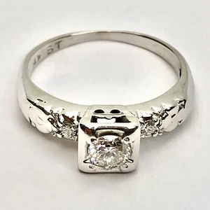 Antique 14k Solid White Gold Diamond .31 Ctw Art Deco Engagement Ring Signed - Picture 1 of 12