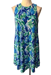 Ralph Lauren A Line Shift Dress 14 Blue Green White Stretch Washable Sleeveless - Picture 1 of 11