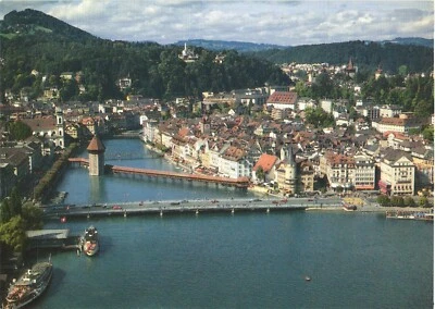 Lucerna Suiza Vista Aérea de la Ciudad Capilla Puente y Torre Postal Foto 1 de 2