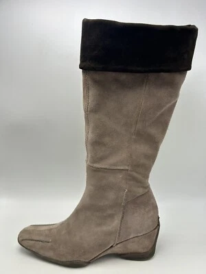 Botas anabela femininas 7 bege camurça couro equitação 37 sola de goma 2" zíper leitura - Imagem 1 de 4