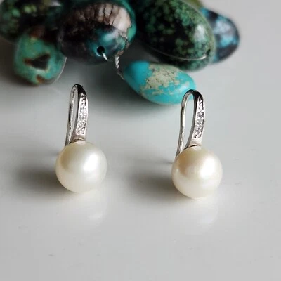 Natural White Pearl 8.5mm Hook Drop Earring in Solid Sterling Silver - Image 1 of 2