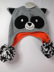 NWT b. BOUTIQUE BOYS FLEECE RACOON HAT 6-18 M GRAY LINED IN ORANGE EAR FLAPS - Picture 1 of 4