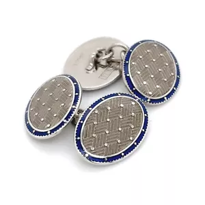 Longmire 18ct White Gold Blue & Clear Enamel Basket Weave Cufflinks 18k 750 - Picture 1 of 2