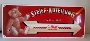 Vecchia insegna pubblicitaria lunga tedesca "Steiff-Abteil" porcellana smaltata Steiff - Foto 1 di 5