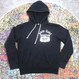 American Eagle Hoodie Mens S Black Big Logo on Back Fleece Pullover - Picture 1 of 10