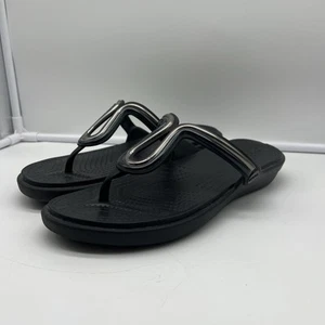 Crocs Sanrah Dual Comfort Women's Metal Block Black Silver Flip Flops Size 9 - Picture 1 of 5