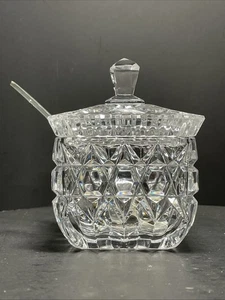 Barattolo condimento vetro Lausitzer + coperchio + cucchiaio taglio brillante reticolo cristallo - Foto 1 di 12