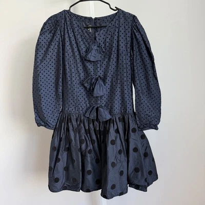 VTG Louis Feraud 80s Blue Polka Dot Puff Sleeve Bow Dress Silk German sz 38 - Image 1 of 4
