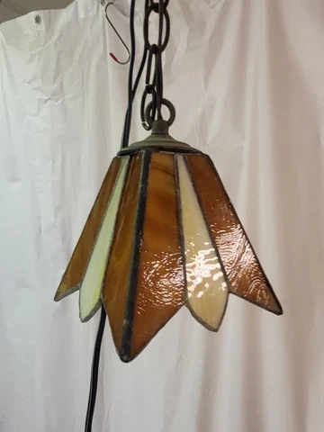 Vintage Pendant Ceiling Light Fixture Leaded Stained Glass Panels Cover