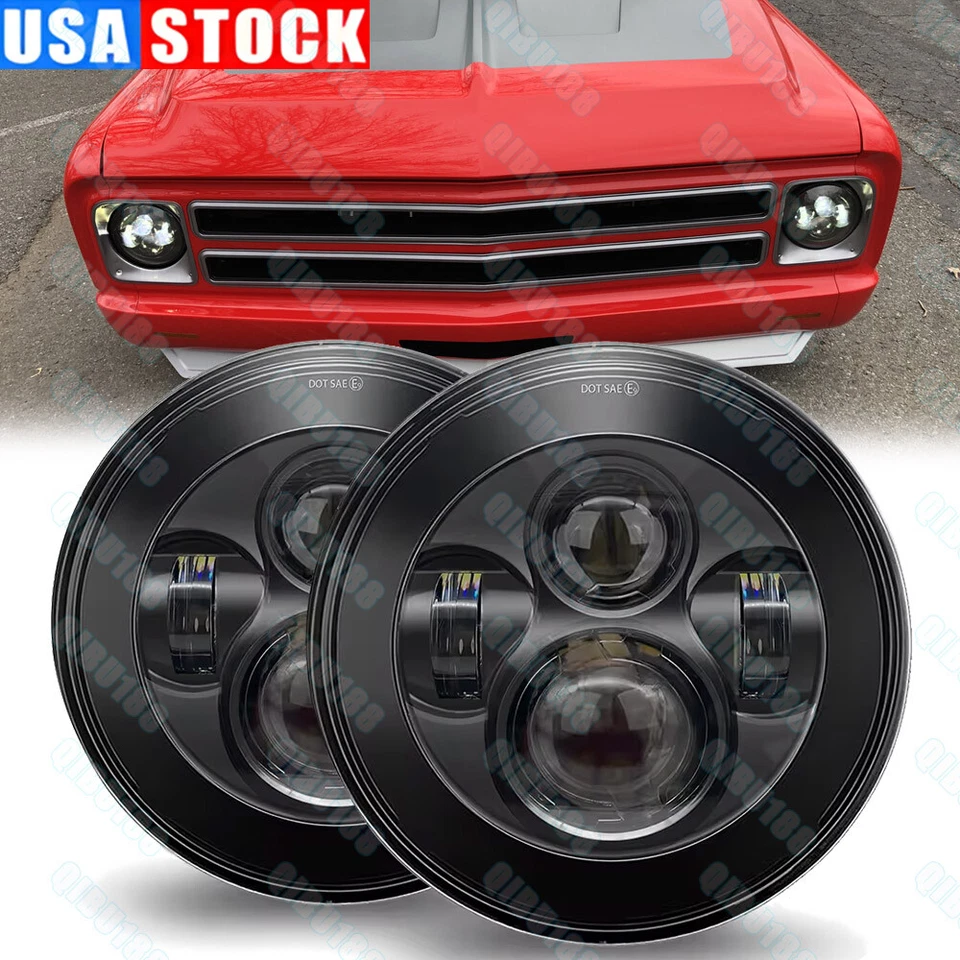 Par de faros LED redondos negros de 7" haz alto/bajo aptos para camioneta Chevy Camaro C10 Foto 1 de 4