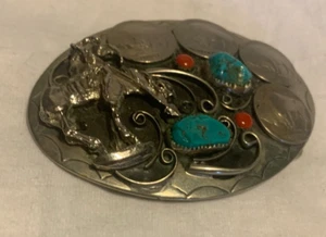 Navajo Turquoise Coral Figural Native r Belt Buckle- Nickel Silver- - Picture 1 of 2