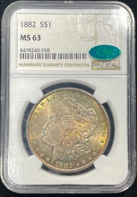1882 NGC MS63 CAC Morgan Silver $1 - Brilliant Rainbow Toning on Both Sides! - Image 1 of 4