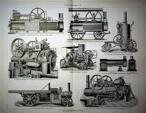 1898 Antike Lithographie: LOKOMOTIVEN, DAMPFMOTOREN-LOKOMOBILE.Tav. 1-2-3.MEYERS - Bild 1 von 3