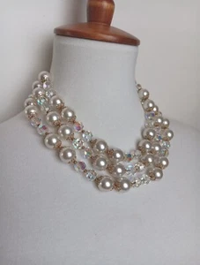 Vintage Multi Strand Faux Pearl Aurora Borealis Bead Necklace  - Picture 1 of 19