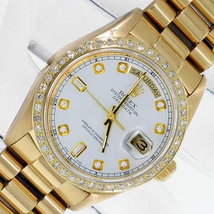 ROLEX MENS DAY-DATE PRESIDENT WHITE DIAMOND DIAL, DIAMOND BEZEL -18K GOLD WATCH - Picture 1 of 9
