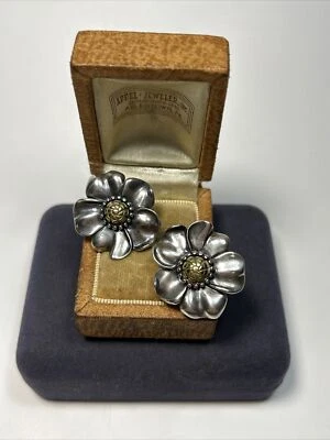 Designer Ann King Sterling Silver & 18k Gold Flower Shield Omega Earrings - Image 1 of 4