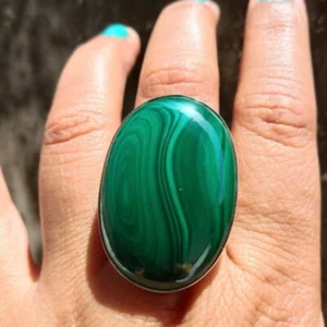 Malachite Solid 925 Sterling Silver Statement Handmade Women Ring, All Size M18 - Picture 1 of 7