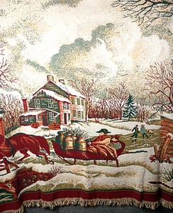 Goodwin Weavers Throw Blanket 66x90 Colonial Horse Sleigh Winter Farm Cotton - Picture 1 of 13