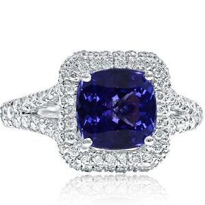 3.30 Ct Cushion Violet Blue Tanzanite Diamond Engagement Ring 18k White Gold