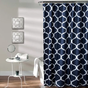 Bathroom Shower Curtain with Bold Trellis Print on Soft Navy Fabric, Washable... - Picture 1 of 4