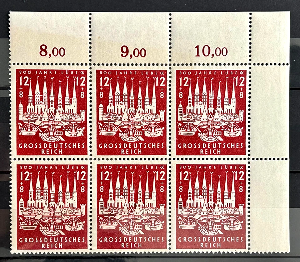 1943 German block of 6 Stamps Mi:DR 862 MNH - 800 years Lubeck  /728 - Image 1 of 1