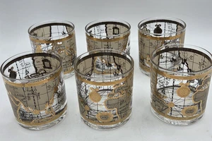 Set Of 6 Vintage MCM Cera 22K Gold Old World Map Lowball Glasses Mid Century - Picture 1 of 12
