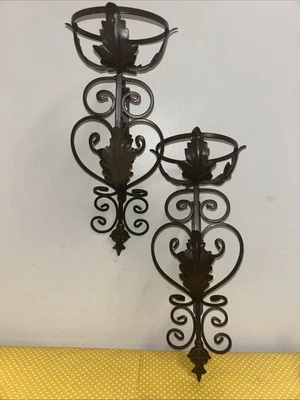 Vintage Brown Metal Wall Sconce Candle Holder 13” MCM Pair Wall Art Gothic Style - Image 1 of 4