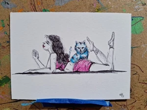 My Blue Cat Ballpoint Ink Pen ACEO ATC OOAK ORIGINAL 3.5 x 2.5 inches - Picture 1 of 3