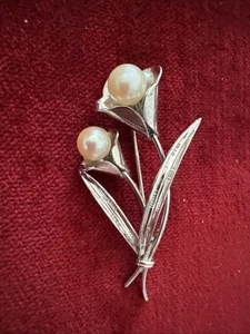 Sterling Silver Modernist Pearl Two Flower Pin Or Brooch - Picture 1 of 6