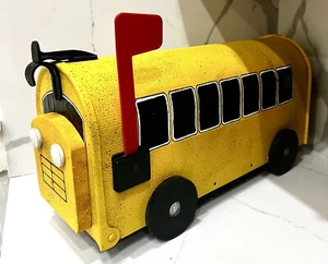 Hand Painted School Bus Mailbox Metal 19”L 8.75”H 8.5” made in USA wooden Wheels - Picture 1 of 12
