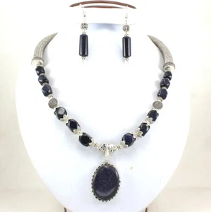 Pendant Necklace Earrings Natural Sunstone Gemstone Beaded Handmade Jewelry - Picture 1 of 4
