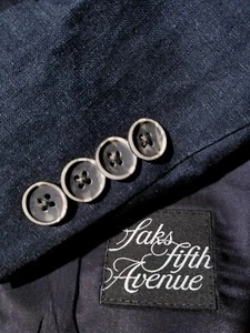 44R 44S SAKS semi-glossy blue black cotton Linen Herringbone tweed dinner Jacket - Picture 1 of 8