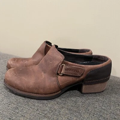 Zuecos Merrell Shiloh de cuero con tacón deslizable zapatos marrón roble para mujer talla 8” Foto 1 de 4