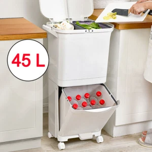 45L Kitchen Bin Waste Sorting Trash Bins 3 Lid Garbage Recycling Wheels 2 Layer - Picture 1 of 9