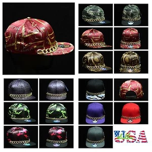 Flat Bill Cap with Gold Chain Fashion Hat Hip Hop Adjustable Snapback Metallic - Picture 1 of 11