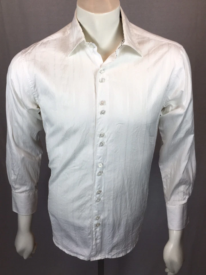 Camisa Para Hombre Enzo Denim Mediana Sólida Blanca Plata Puño Flora Patrón L/S Foto 1 de 4