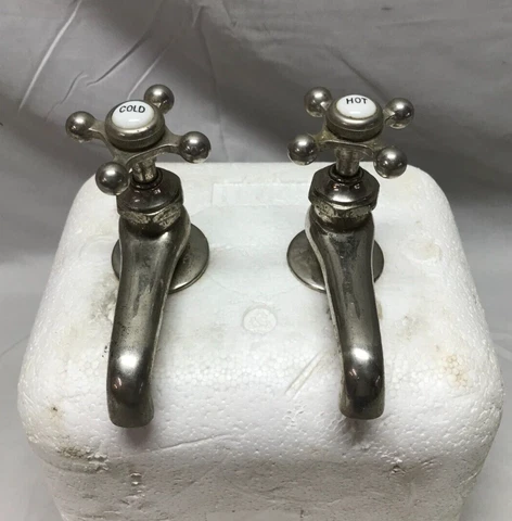 Antique Pair Nickel Brass Separate Hot Cold Republic Sink Faucets VTG 905-23B Cover