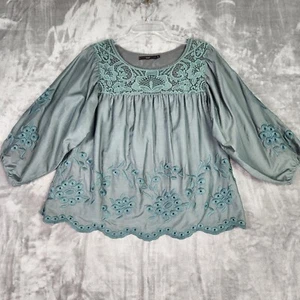 Hazel Blouse Womens S Green 3/4 Balloon Sleeve Silk Embroidered Boho Cottagecore - Picture 1 of 8