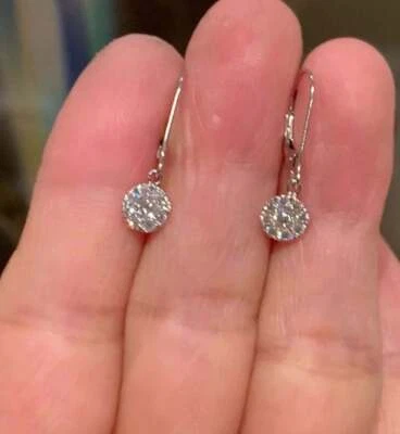 1Ct Round Lab Created Diamond Cluster Drop/Dangle Earrings 14K White Gold Plated - Image 1 of 4