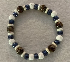 Handmade Mens White Lava Stone & Glass Beaded Stretch Bracelet/8” Length - Picture 1 of 2