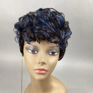 Raven Black & Blue Curly Top Tapered Pixie 100% Human Hair Wig Adjustable Outre - Picture 1 of 9