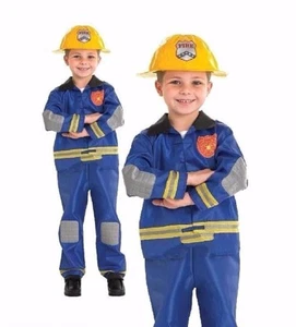 Kids FIREMAN + HAT Fancy Dress Uniform Boys Emergency Services Costume Firefight - Picture 1 of 2