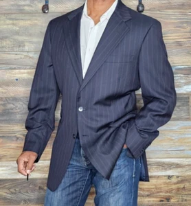 Holland & Sherry Tom James Wool Navy Blue Striped Working Cuff Blazer Jacket 43L - Picture 1 of 11