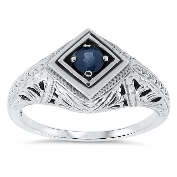 ART DECO STYLE GENUINE SAPPH. 925 STERLING SILVER SOLITAIRE FILIGREE RING #059 - Image 1 of 1