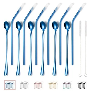 Set of 12 Long Ice Tea Spoons with Straws Cocktail Stir Spoons for Tumblers - Picture 1 of 7